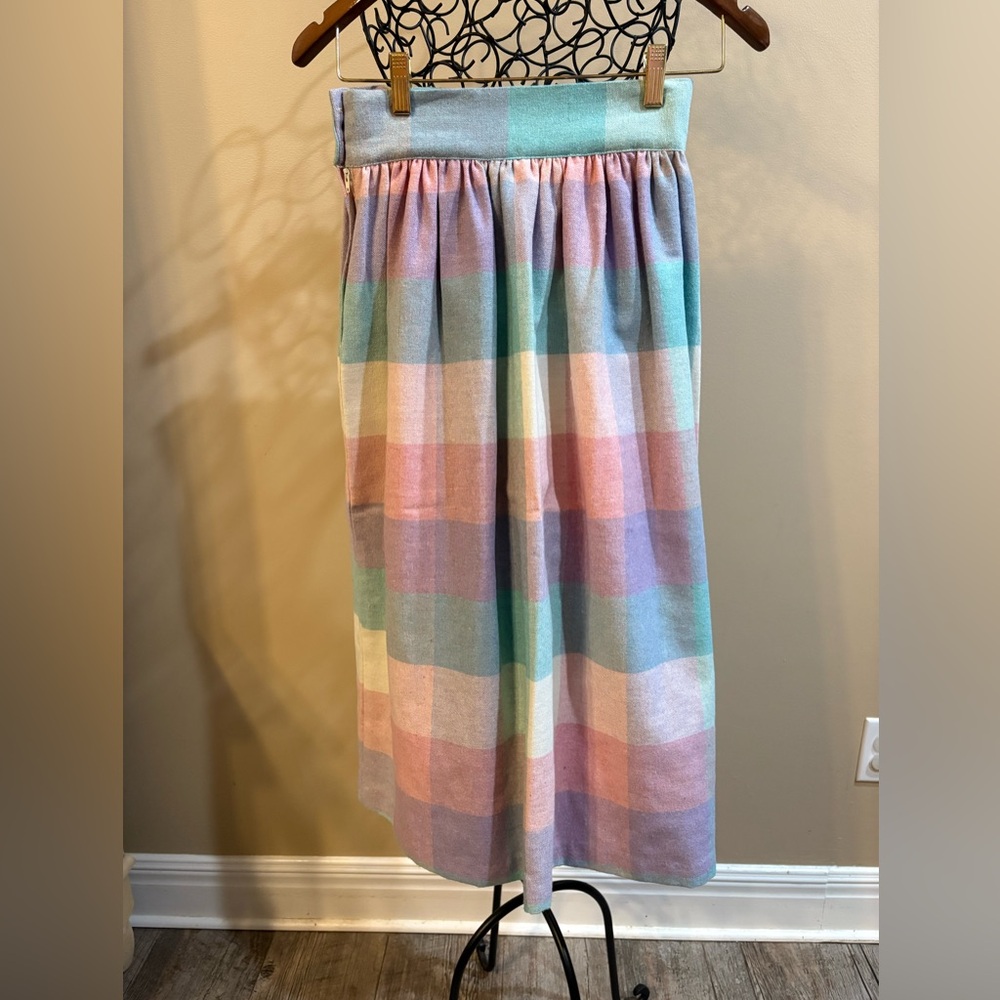 Vintage Feminine Preppy SoftGirl Pastel Plaid Pleated Midi Skirt - Picture 3 of 7